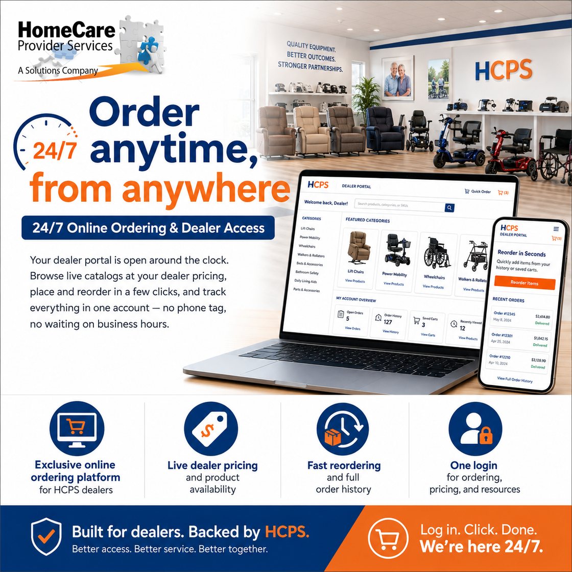 24/7 Online Ordering & Dealer Access — the HCPS dealer portal on laptop and phone
