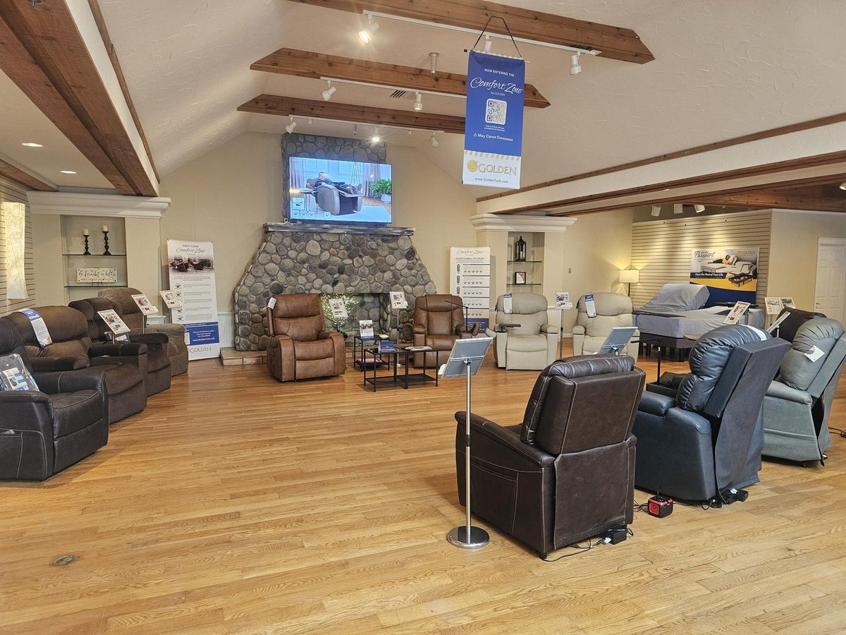 HCPS dealer showroom — lift chairs, recliners, and adjustable beds professionally merchandised